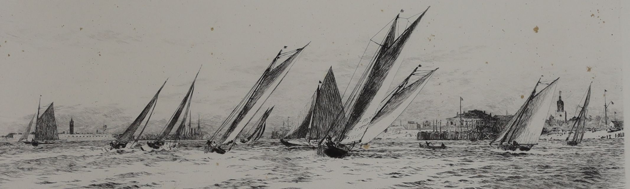 William Lionel Wyllie (1851-1931), etching, 'Yachts racing off Southsea', signed in pencil, 12 x 37cm